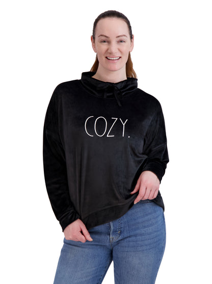 Women's Velour "COZY" Funnel Neck Sweatshirt - Rae Dunn Wear - W Sweatshirt
