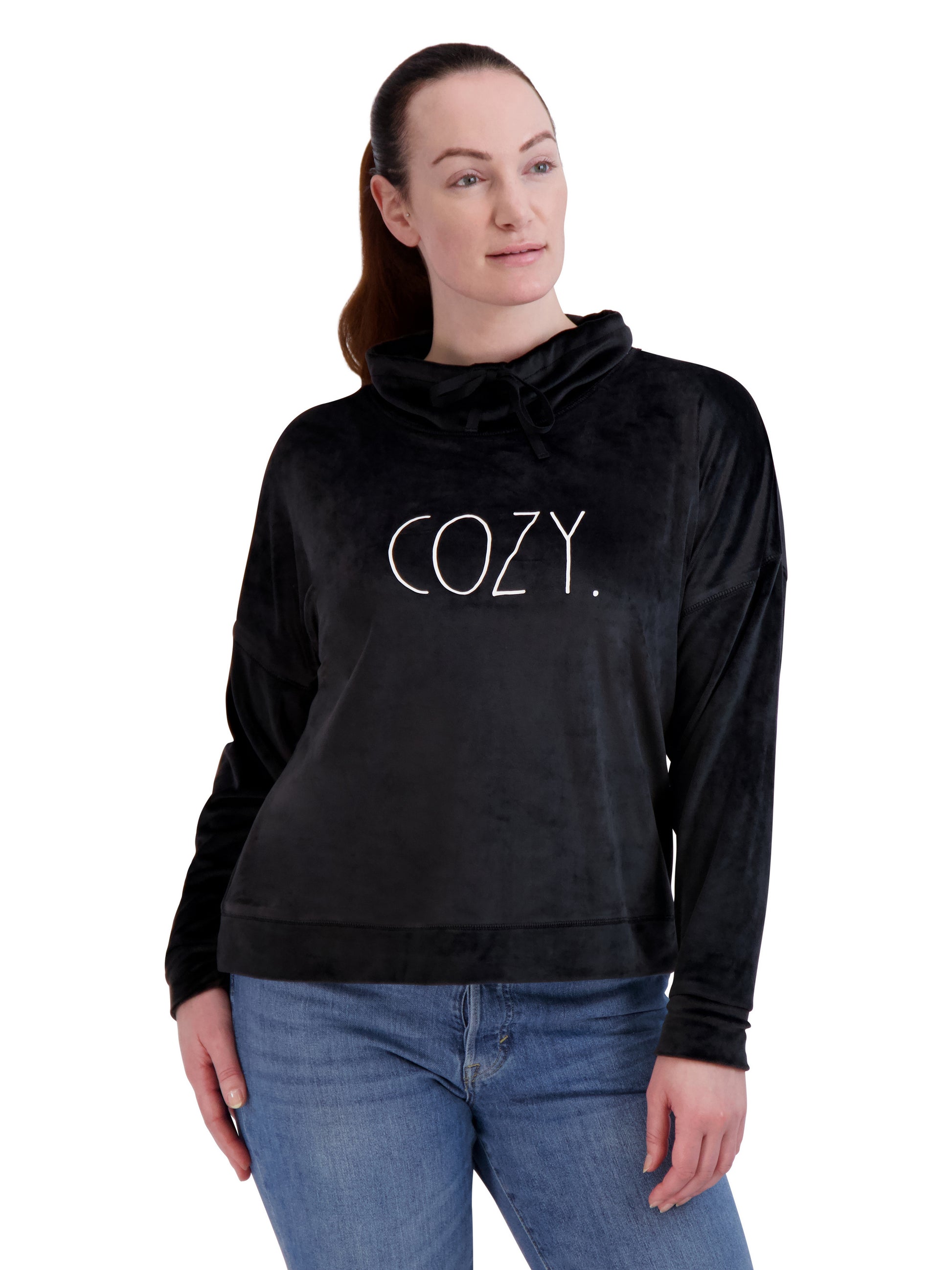 Women's Velour "COZY" Funnel Neck Sweatshirt - Rae Dunn Wear - W Sweatshirt