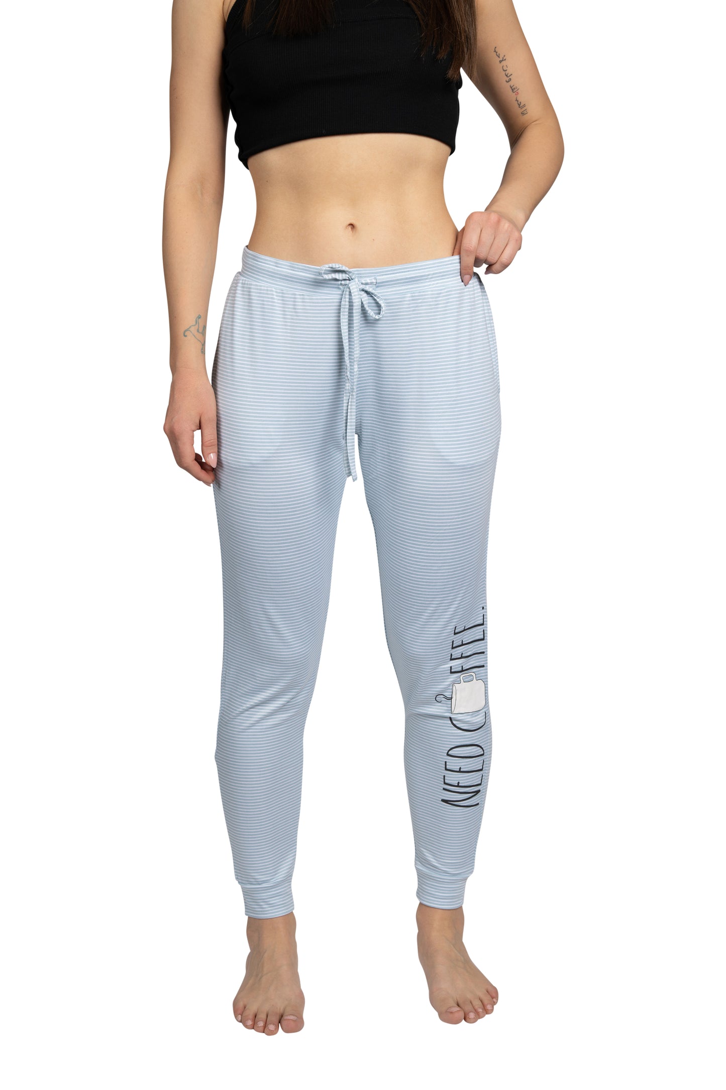 Women's "NEED COFFEE" Jogger Pajama Pants with Pockets and Drawstring Made of Recycled Fabric