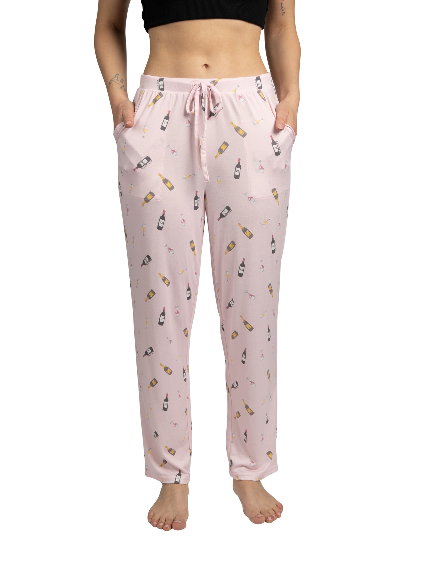 Women's Wine Time Tapered Leg Drawstring Pajama Pants with Pockets and Graphic Text