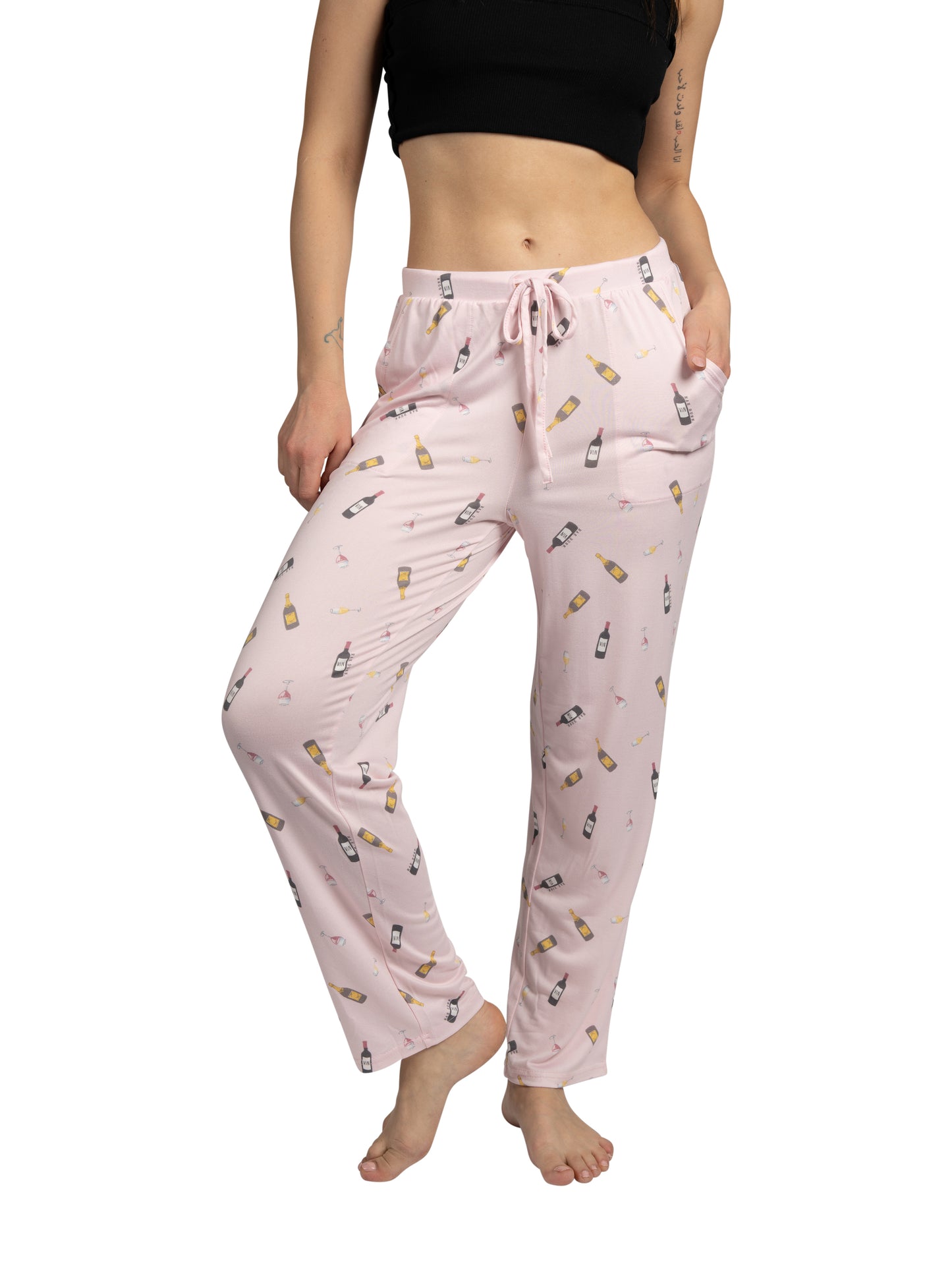 Women's Wine Time Tapered Leg Drawstring Pajama Pants with Pockets and Graphic Text