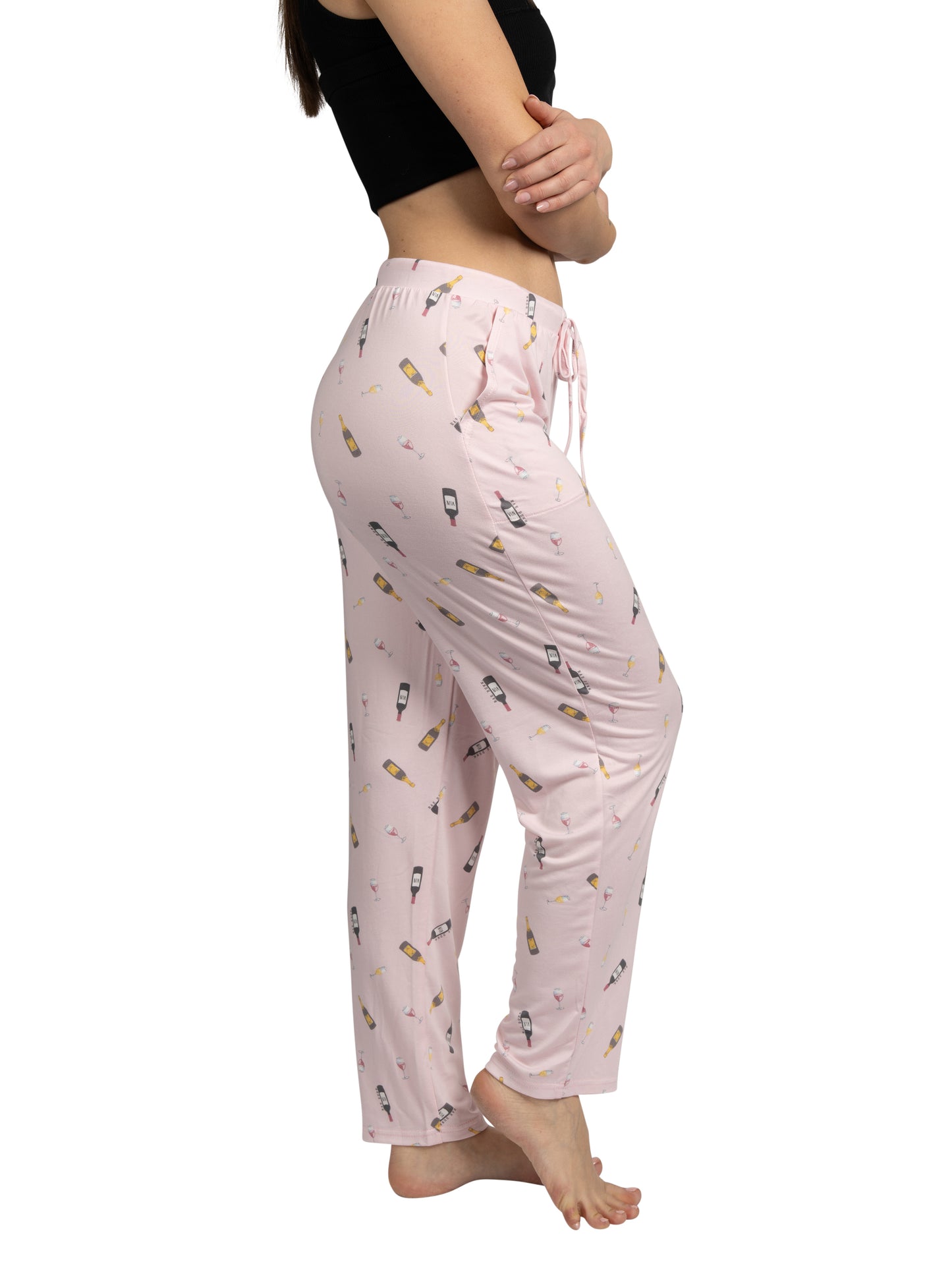 Women's Wine Time Tapered Leg Drawstring Pajama Pants with Pockets and Graphic Text