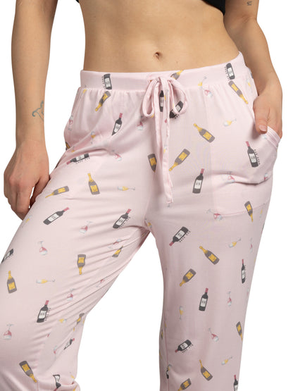 Women's Wine Time Tapered Leg Drawstring Pajama Pants with Pockets and Graphic Text