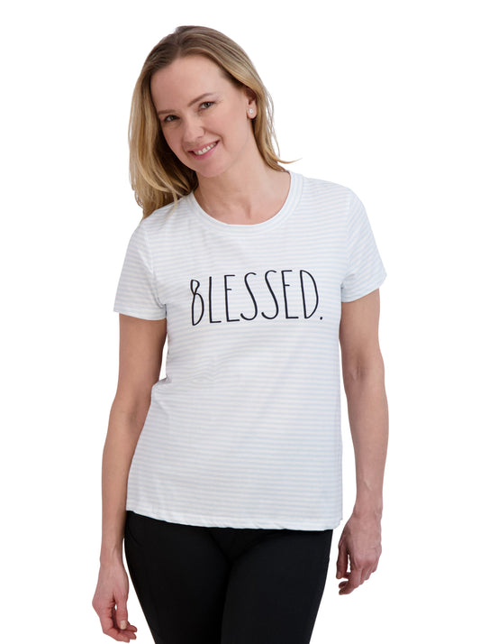 Women's "BLESSED" Short Sleeve Striped Icon T-Shirt - Rae Dunn Wear - W T-Shirt