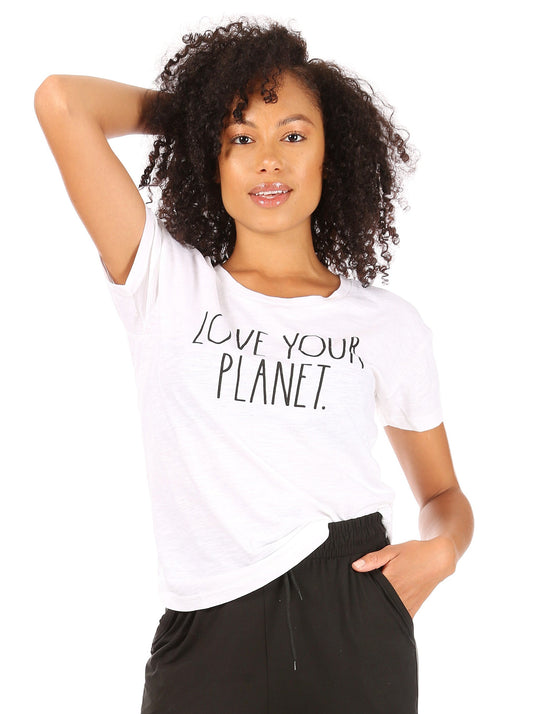 Women's "LOVE YOUR PLANET: Short Sleeve Slub Shirttail Hem T-Shirt - Rae Dunn Wear - W T-Shirt