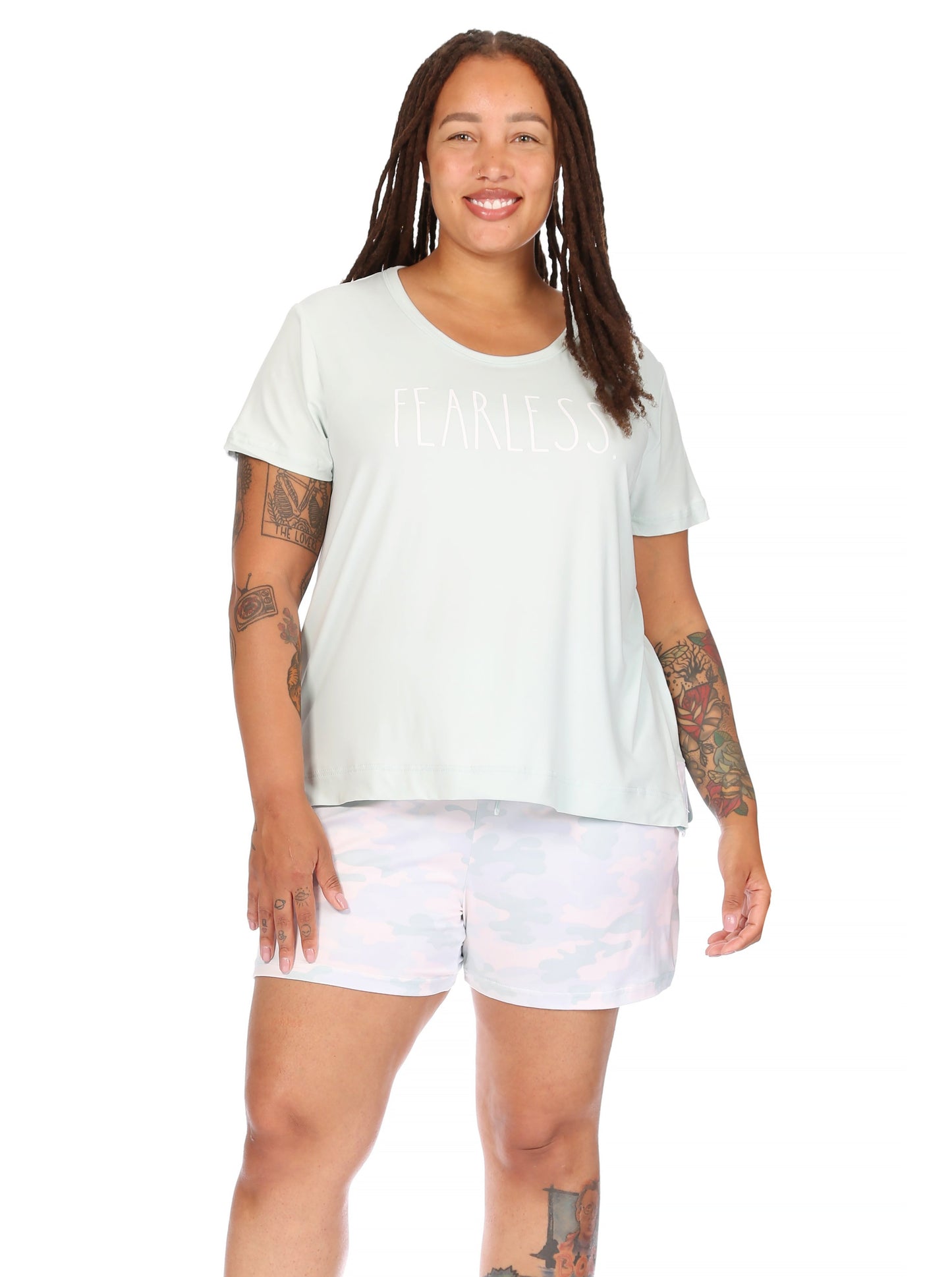 Women's Plus Size "FEARLESS" Short Sleeve Side Slit Tee and Shorts Pajama Set - Rae Dunn Wear - W Shorts Set