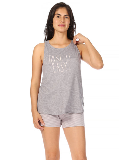 Women's "TAKE IT EASY" Tank and Drawstring Shorts Pajama Set - Rae Dunn Wear - W Shorts Set