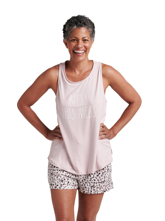 Women's "BLESS THIS MESS" Tank and Drawstring Shorts Pajama Set - Rae Dunn Wear - W Shorts Set