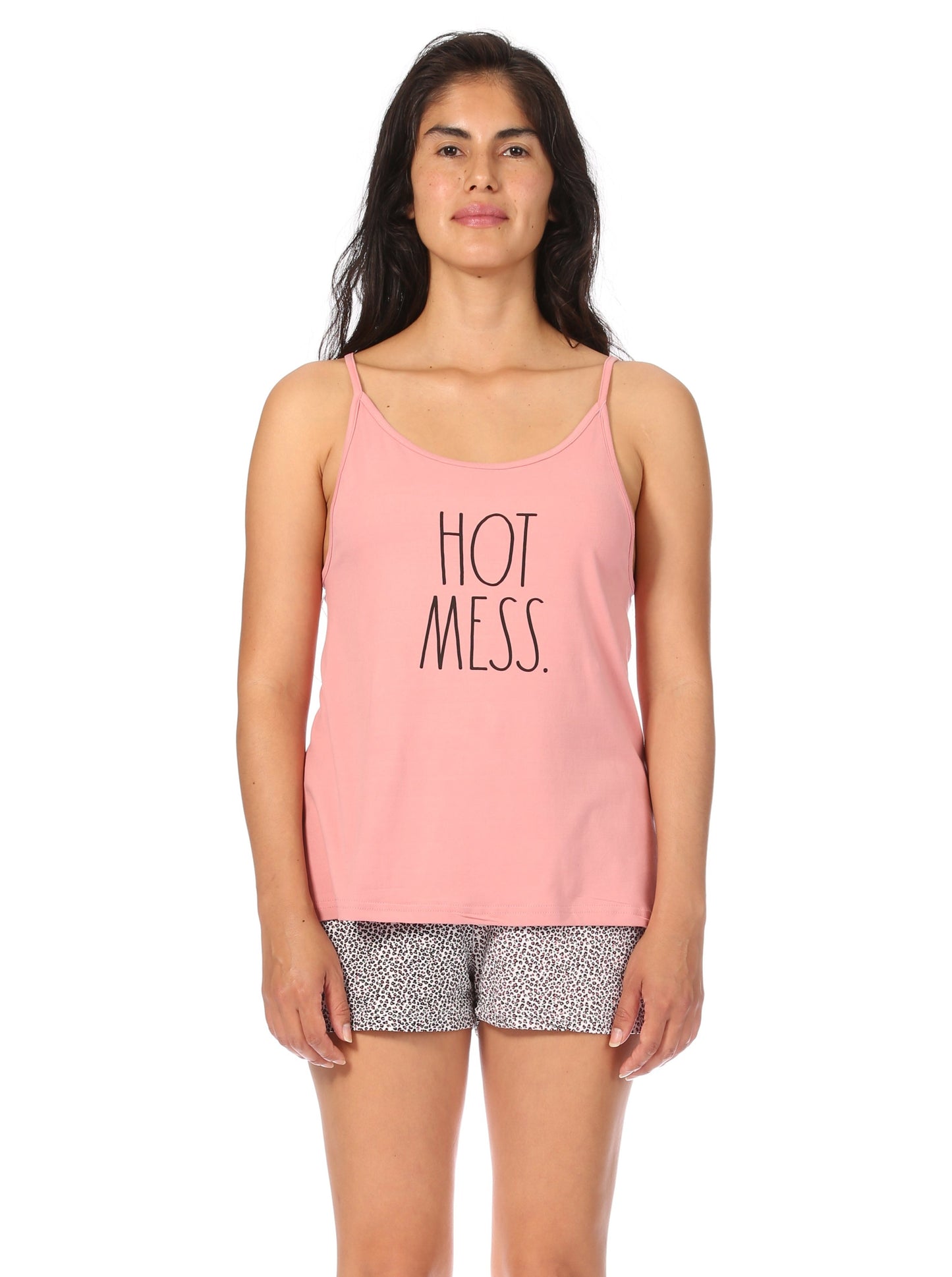 Women's "HOT MESS" Strappy Cami and Elastic Waistband Shorts Pajama Set - Rae Dunn Wear - W Shorts Set