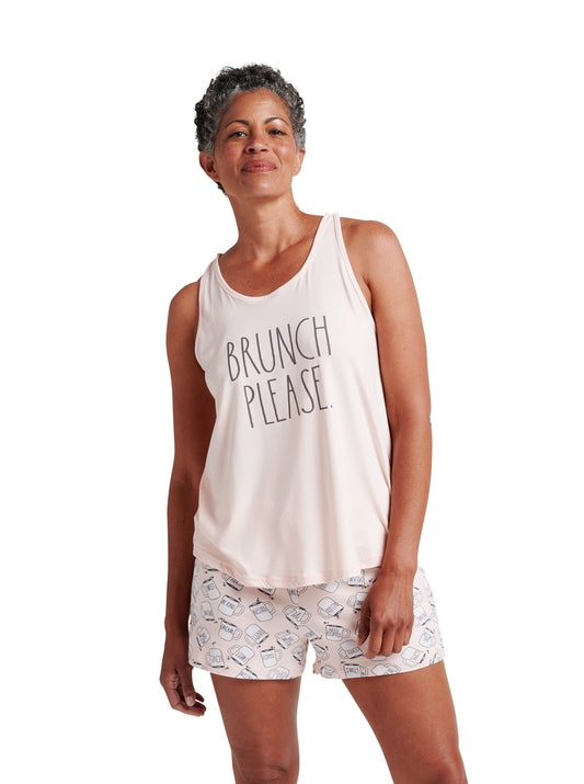 Women's "BRUNCH PLEASE" Racerback Cami and Drawstring Shorts Pajama Set - Rae Dunn Wear - W Shorts Set