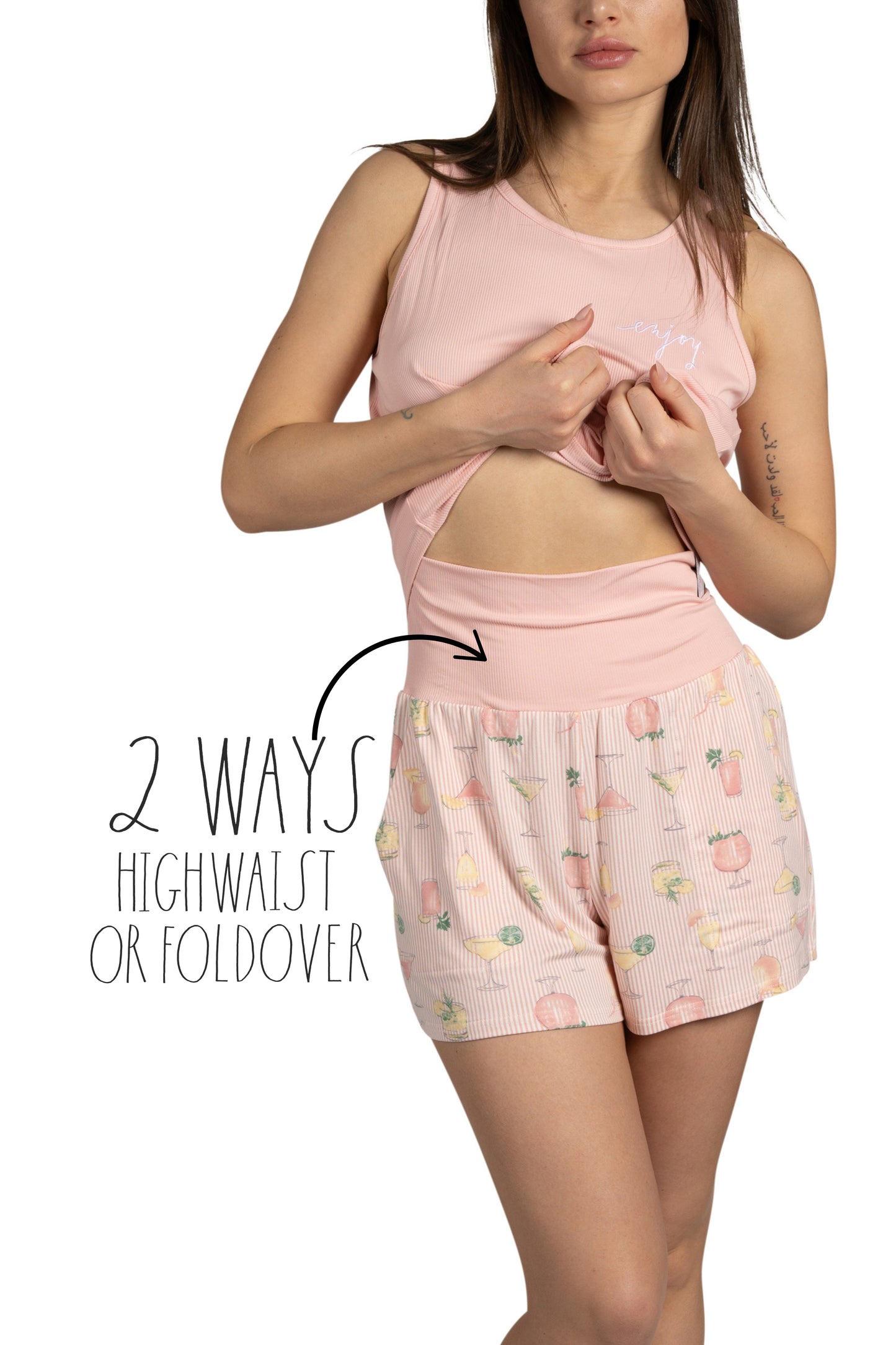 Women's "ENJOY" Ribbed Tank and Foldover Waist Shorts Pajama Set