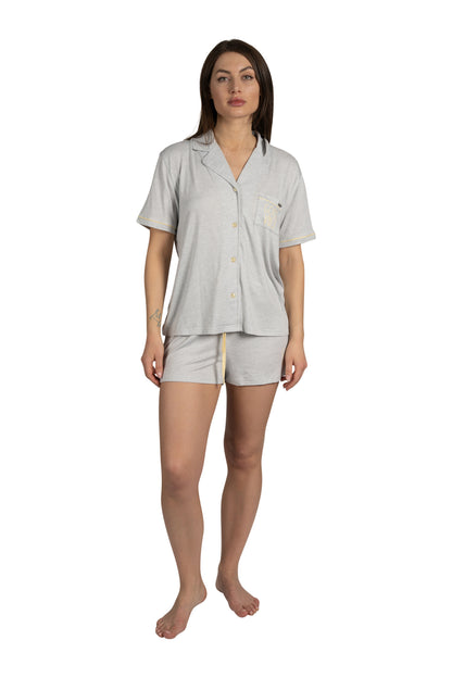 Women's GOOD VIBES Short Sleeve Notch Collar Top and Elastic Waistband Shorts Soft Grey Pajama Set