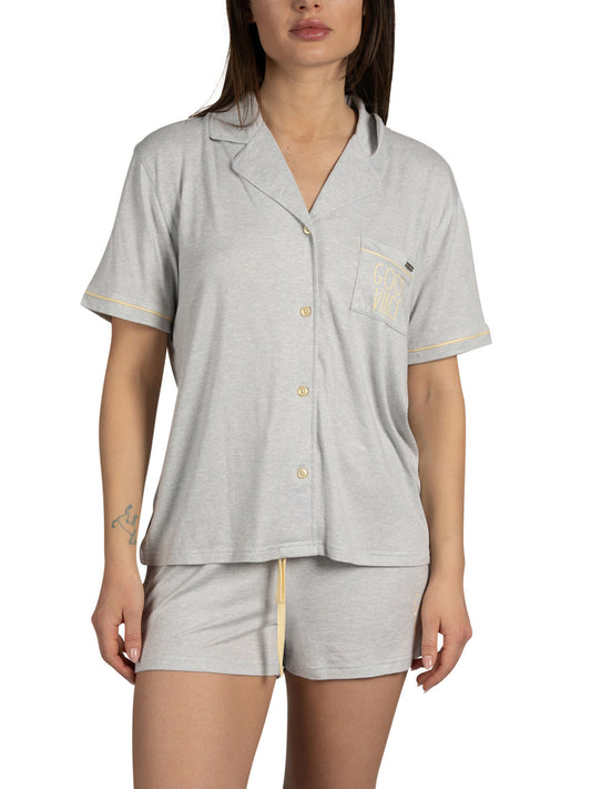 Women's GOOD VIBES Short Sleeve Notch Collar Top and Elastic Waistband Shorts Soft Grey Pajama Set