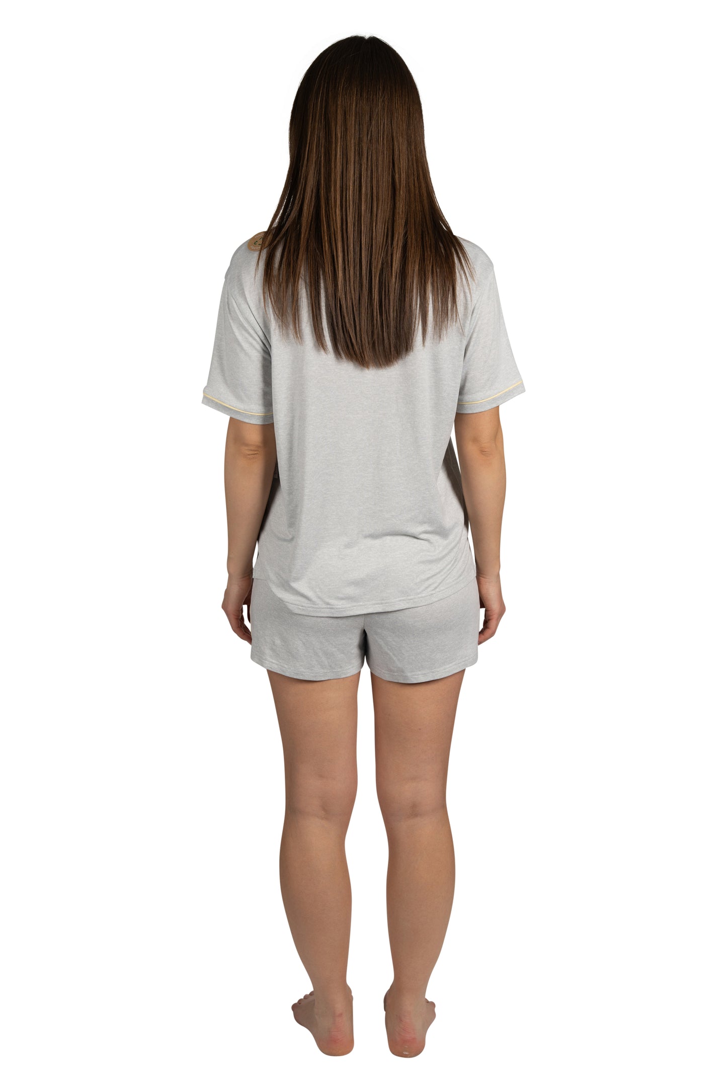 Women's GOOD VIBES Short Sleeve Notch Collar Top and Elastic Waistband Shorts Soft Grey Pajama Set