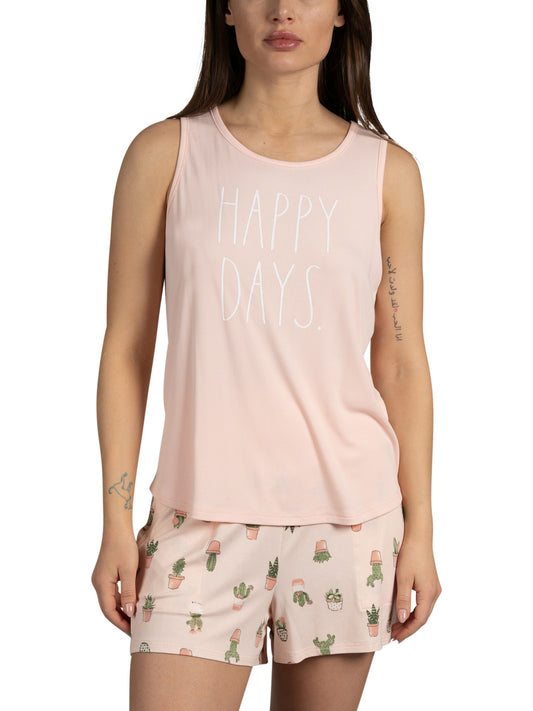 Women's "HAPPY DAYS" Ribbed Tank and Foldover Waist Shorts Pajama Set