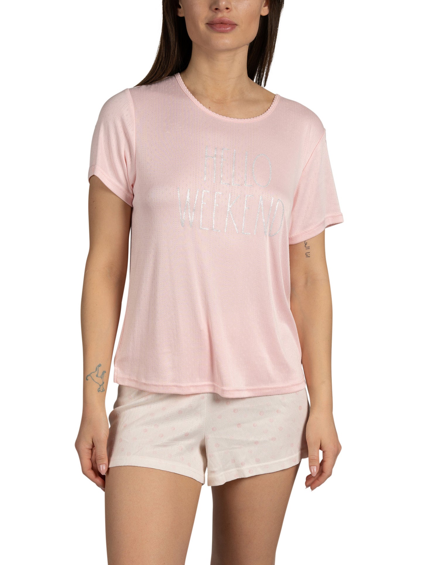 Women's "HELLO WEEKEND" Short Sleeve Shirt and Shorts Soft Pointelle Pajama Set