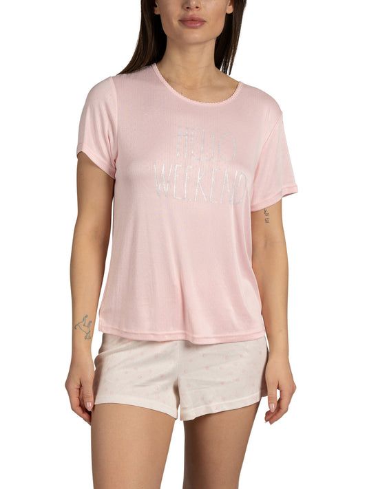Women's "HELLO WEEKEND" Short Sleeve Shirt and Shorts Soft Pointelle Pajama Set