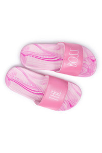Girl's "THE BOSS" Marble Pink Pool Slides - Rae Dunn Wear