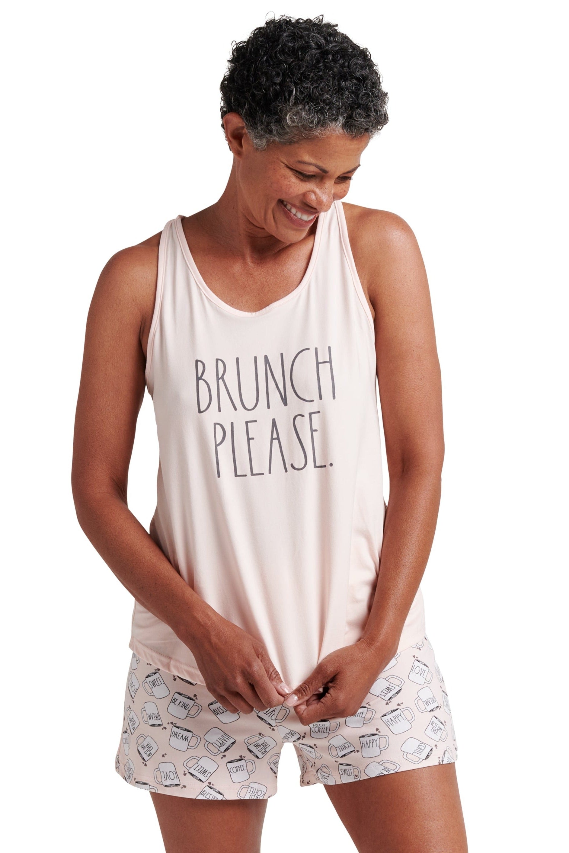 Women's "BRUNCH PLEASE" Racerback Cami and Drawstring Shorts Pajama Set - Rae Dunn Wear