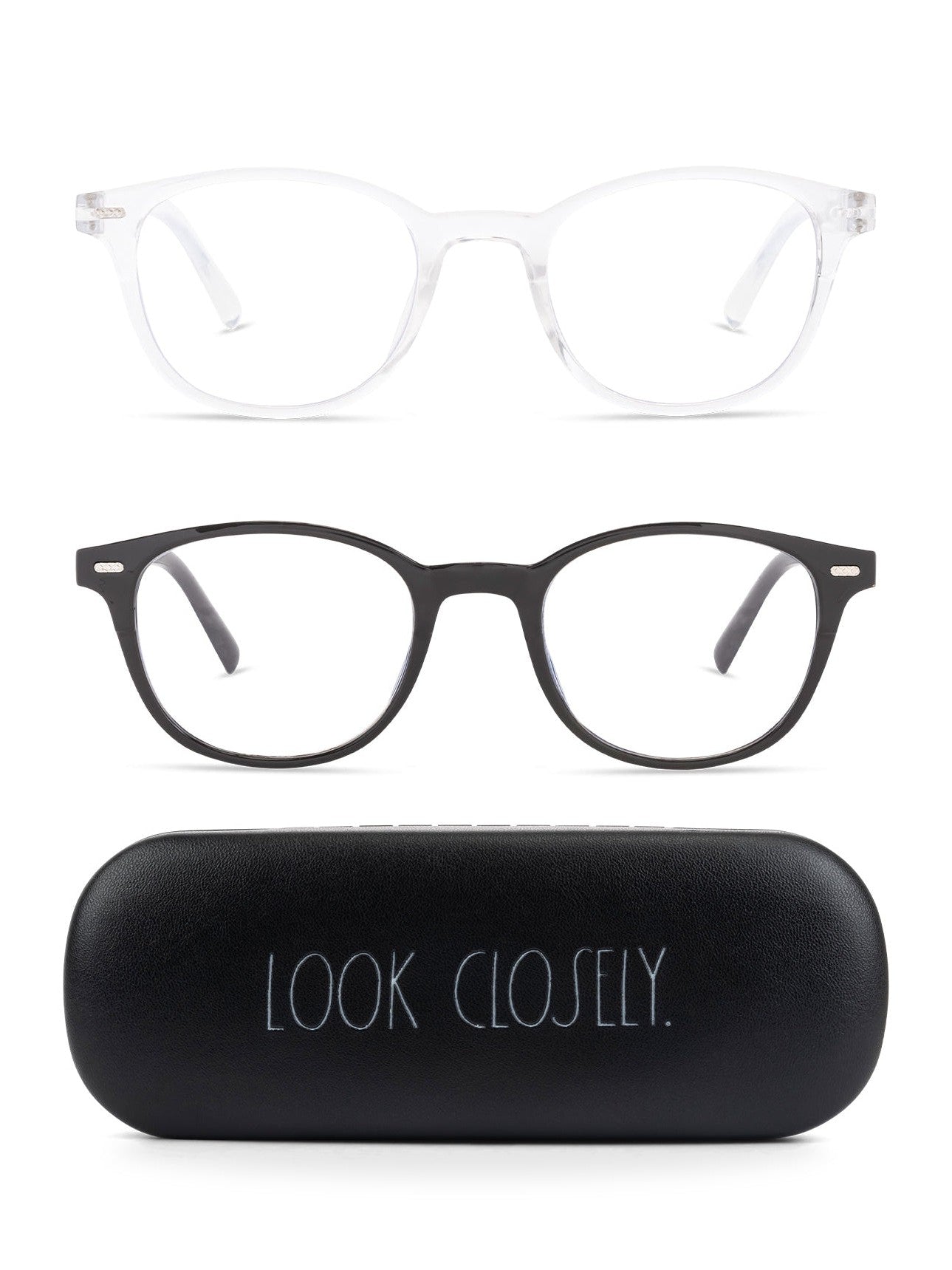 ELIZA 2-Pack Blue Light Blocking Reading Glasses with "LOOK CLOSELY" Signature Font Hard Case - Rae Dunn Wear