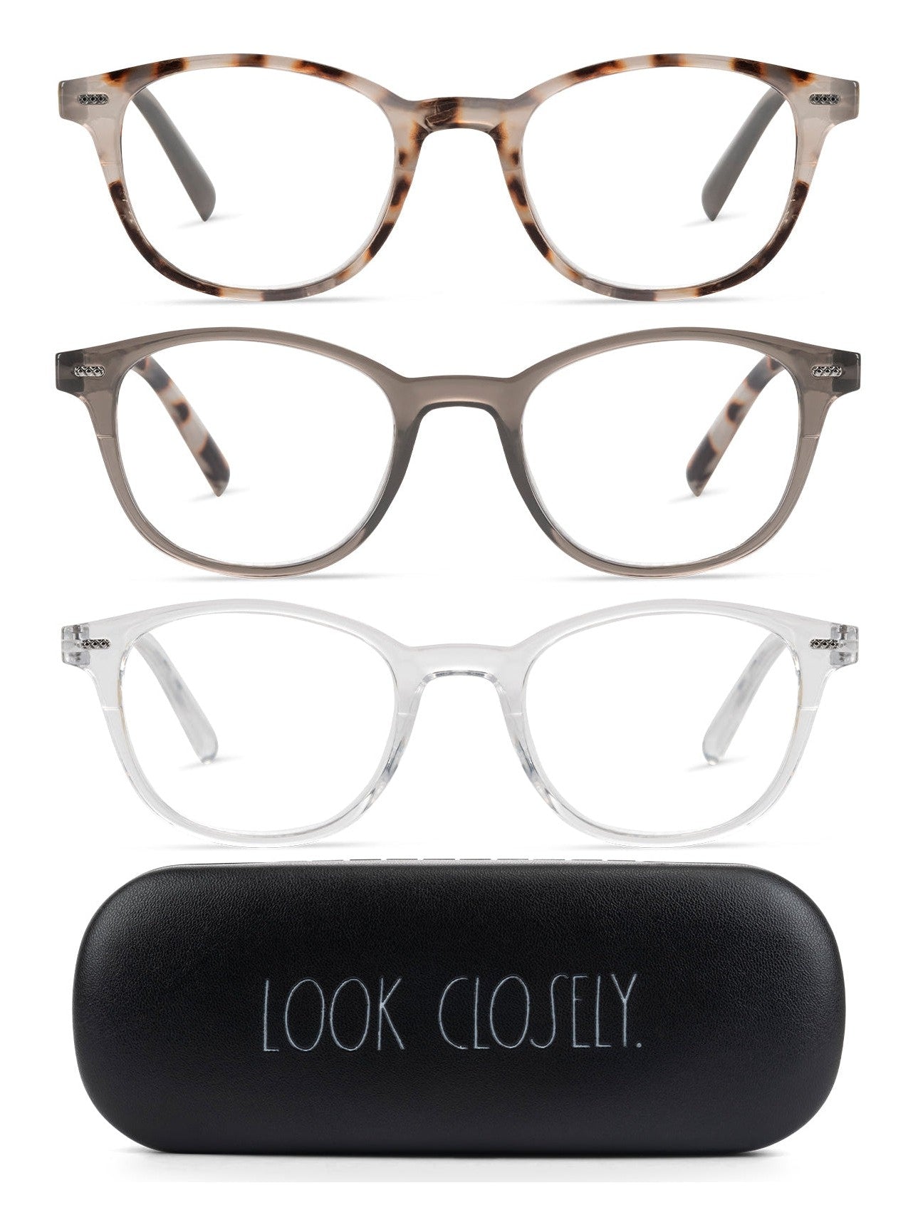 ELIZA 3-Pack Premium Reading Glasses with "LOOK CLOSELY" Signature Font Hard Case - Rae Dunn Wear