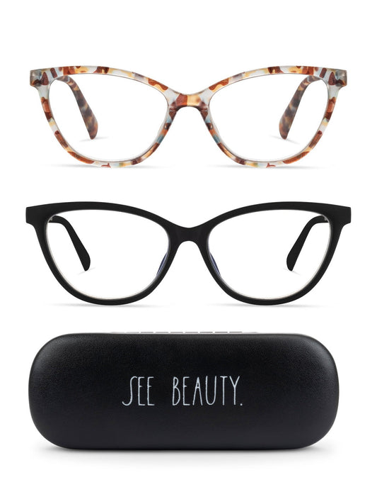 MARIE 2-Pack Blue Light Blocking Reading Glasses with "SEE BEAUTY" Signature Font Hard Case - Rae Dunn Wear