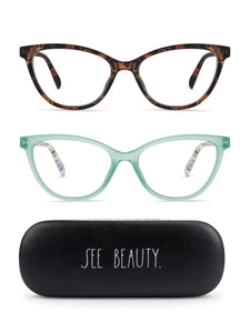 MARIE 2-Pack Blue Light Blocking Reading Glasses with "SEE BEAUTY" Signature Font Hard Case - Rae Dunn Wear