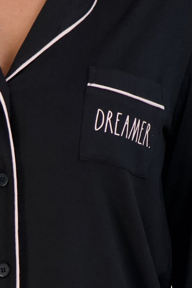 Women's "DREAMER" Long Sleeve Notch Collar Top and Tapered Pants Pajama Set - Rae Dunn Wear