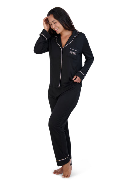 Women's "DREAMER" Long Sleeve Notch Collar Top and Tapered Pants Pajama Set - Rae Dunn Wear