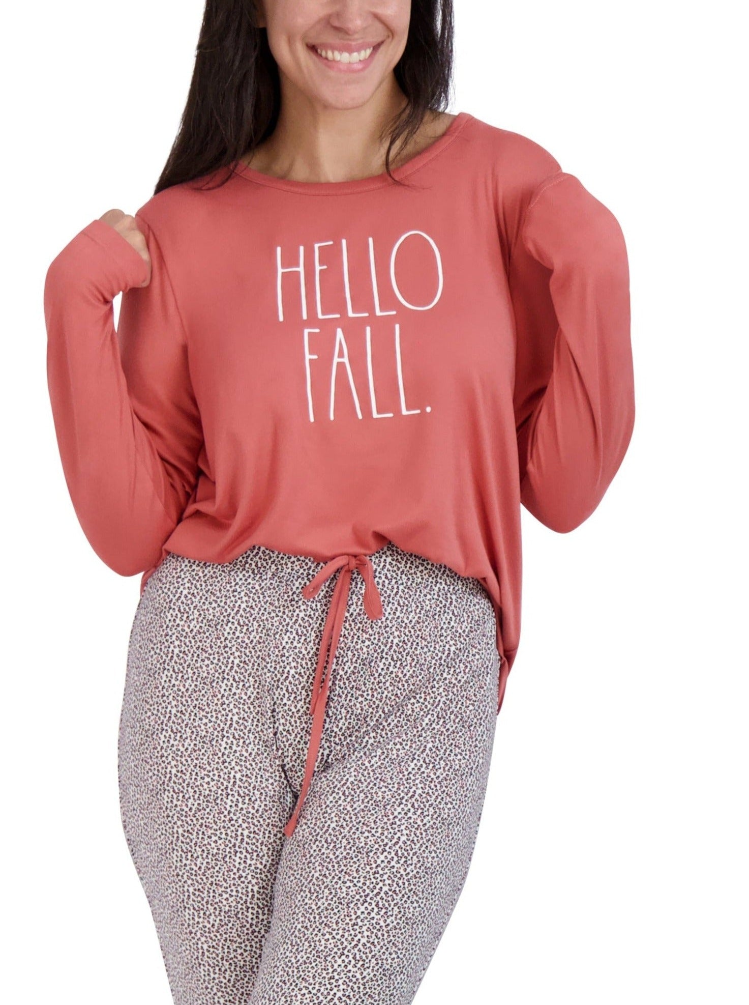 Women's "HELLO FALL" Long Sleeve Top and Drawstring Animal Print Joggers Pajama Set - Rae Dunn Wear