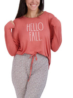 Load image into Gallery viewer, Women&#39;s &quot;HELLO FALL&quot; Long Sleeve Top and Drawstring Animal Print Joggers Pajama Set - Rae Dunn Wear
