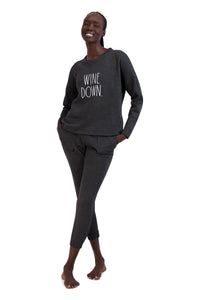 Women's "WINE DOWN" Pullover Sweatshirt and Drawstring Sweatpants Lounge Set - Rae Dunn Wear