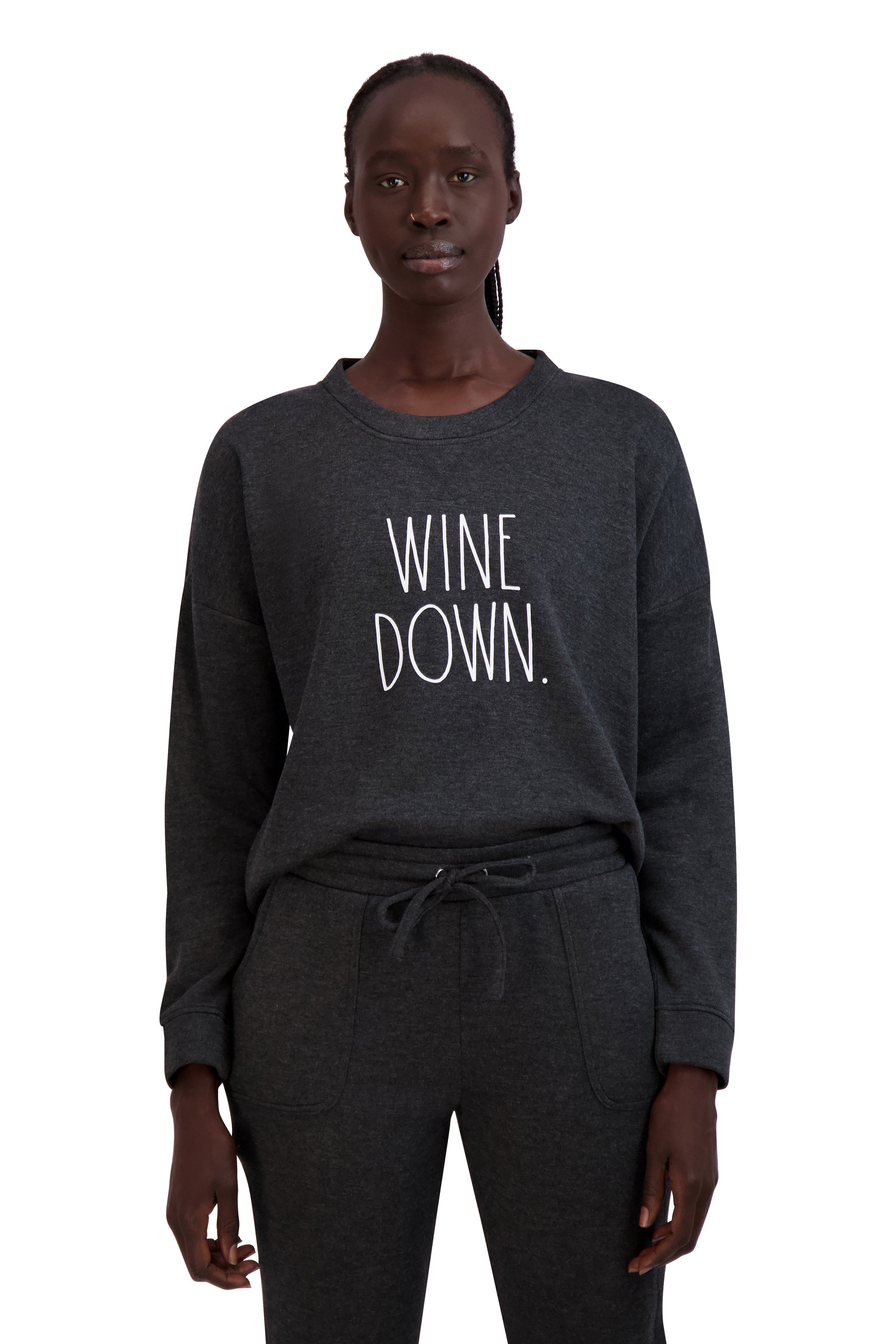 Women's "WINE DOWN" Pullover Sweatshirt and Drawstring Sweatpants Lounge Set - Rae Dunn Wear