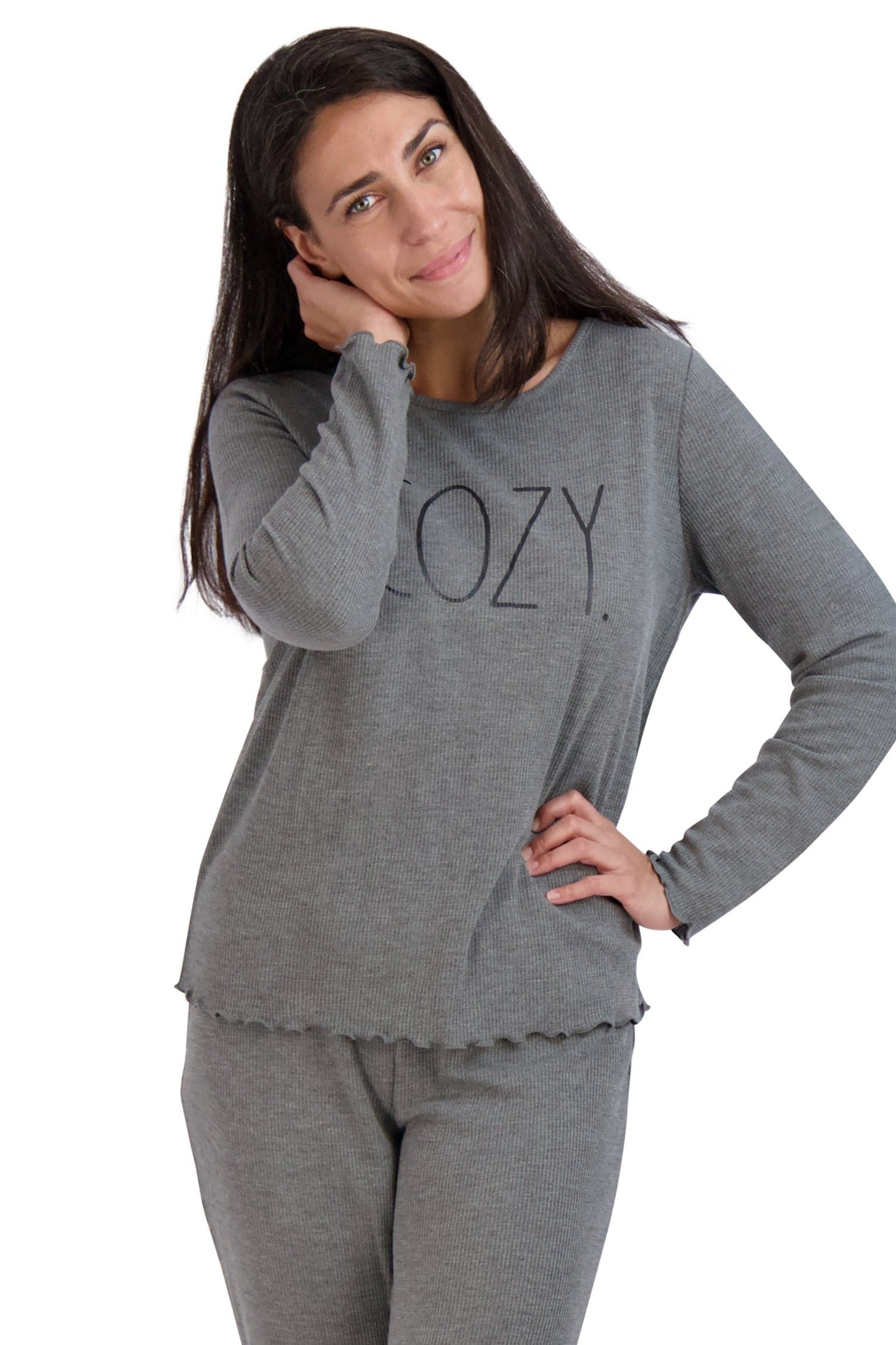 Women's "COZY" Long Sleeve Top and Joggers Waffle Lettuce Hem Pajama Set - Rae Dunn Wear