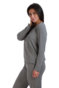 Women's "COZY" Long Sleeve Top and Joggers Waffle Lettuce Hem Pajama Set - Rae Dunn Wear