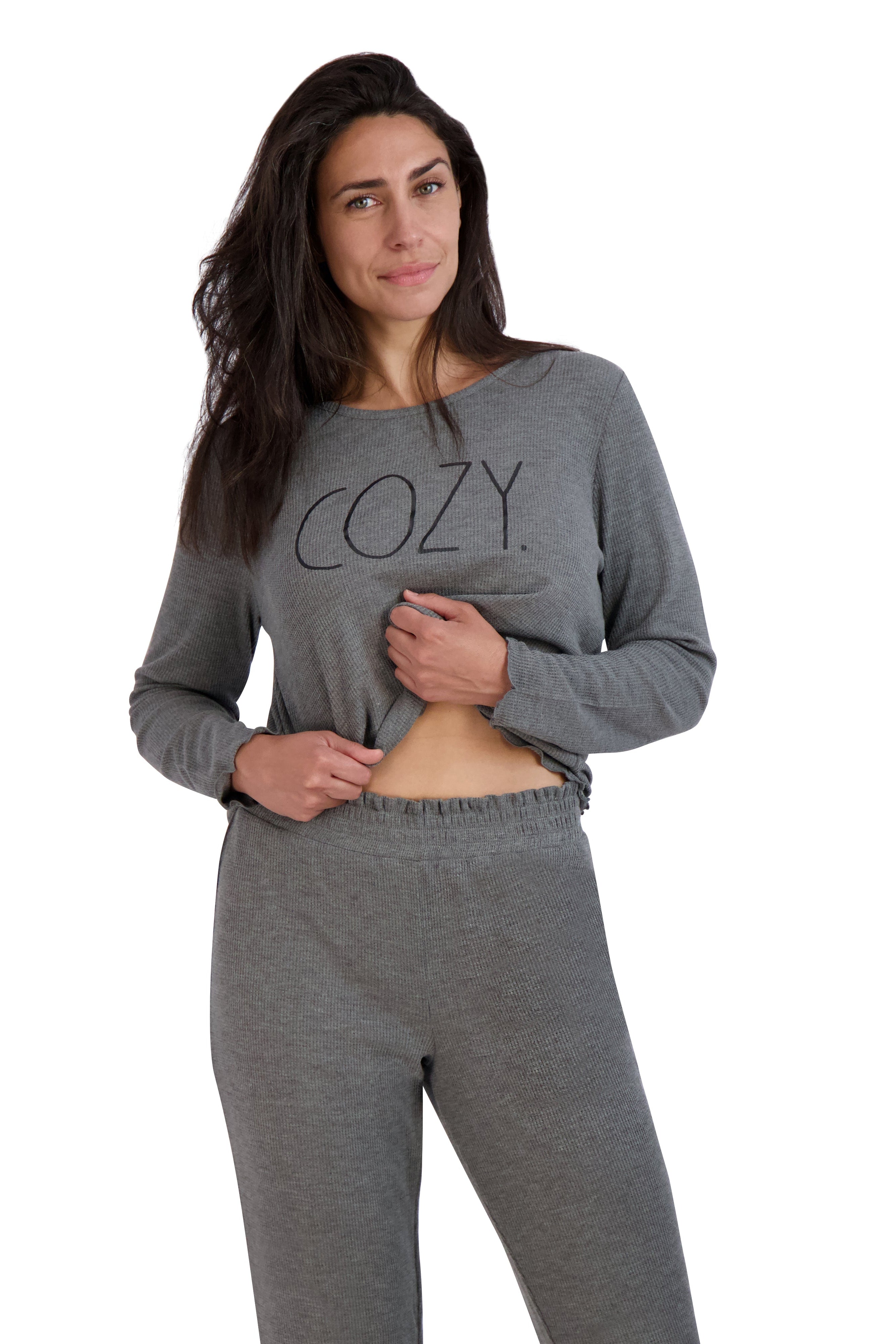 Women's "COZY" Long Sleeve Top and Joggers Waffle Lettuce Hem Pajama Set - Rae Dunn Wear