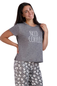 Women's "NEED COFFEE" Short Sleeve Top and Drawstring Coffee Mug Print Pants Pajama Set - Rae Dunn Wear