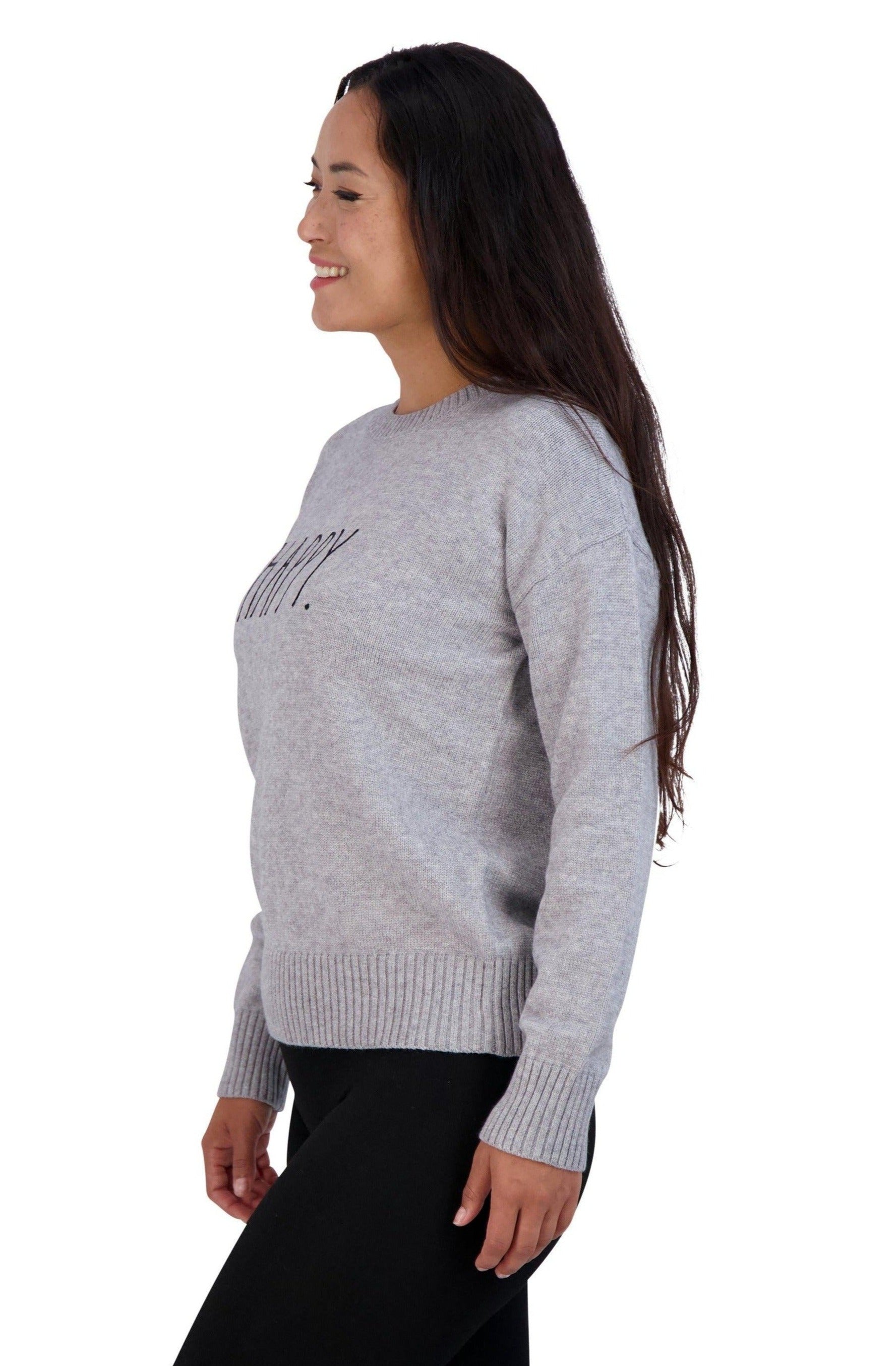 Women's Embroidered "HAPPY" Knit Gray Sweater - Rae Dunn Wear