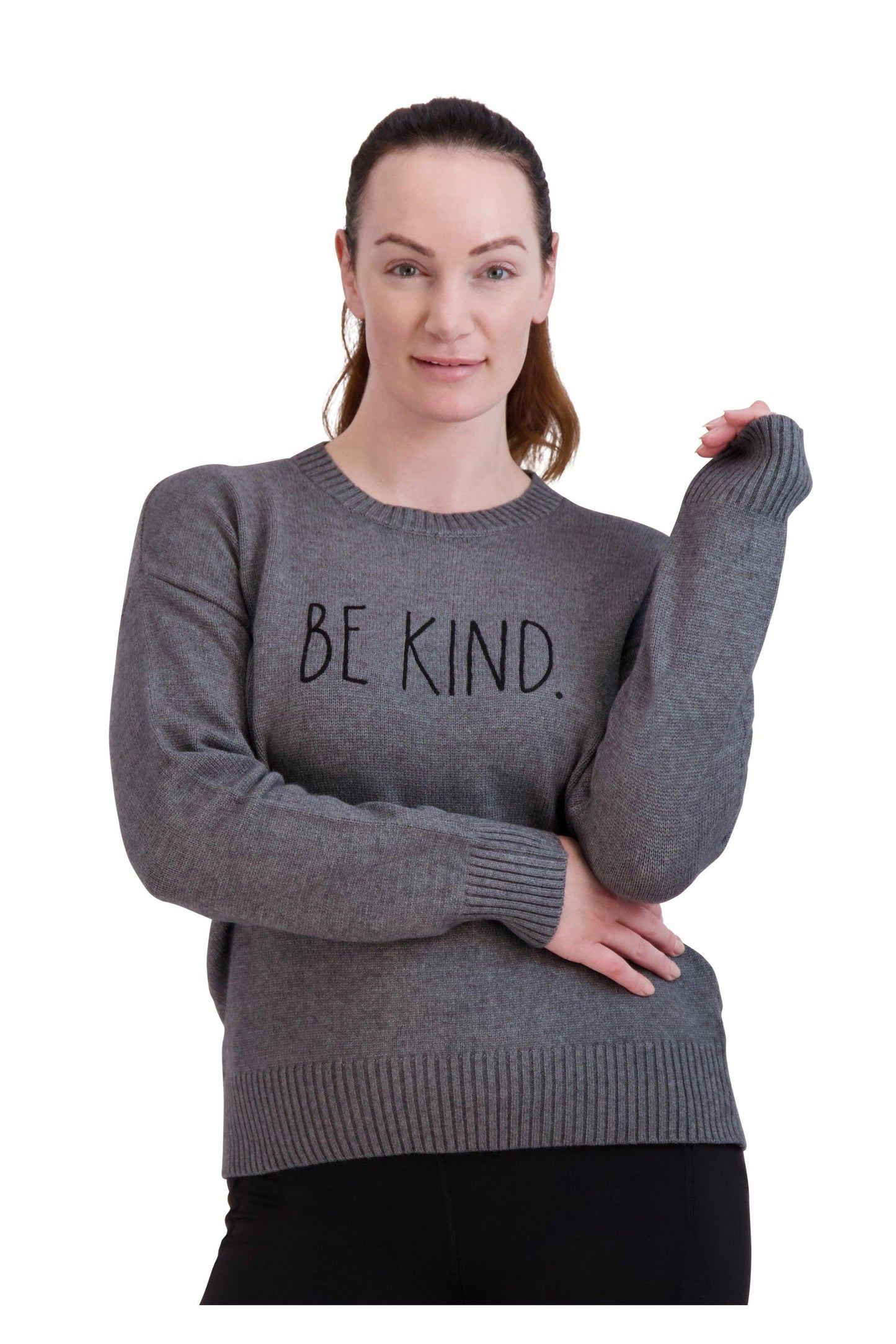 Women's Embroidered "BE KIND" Knit Gray Sweater - Rae Dunn Wear
