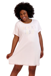 Women's Plus Size "BREAKFAST IN BED" Short Sleeve HiLo Ribbed Nightshirt - Rae Dunn Wear