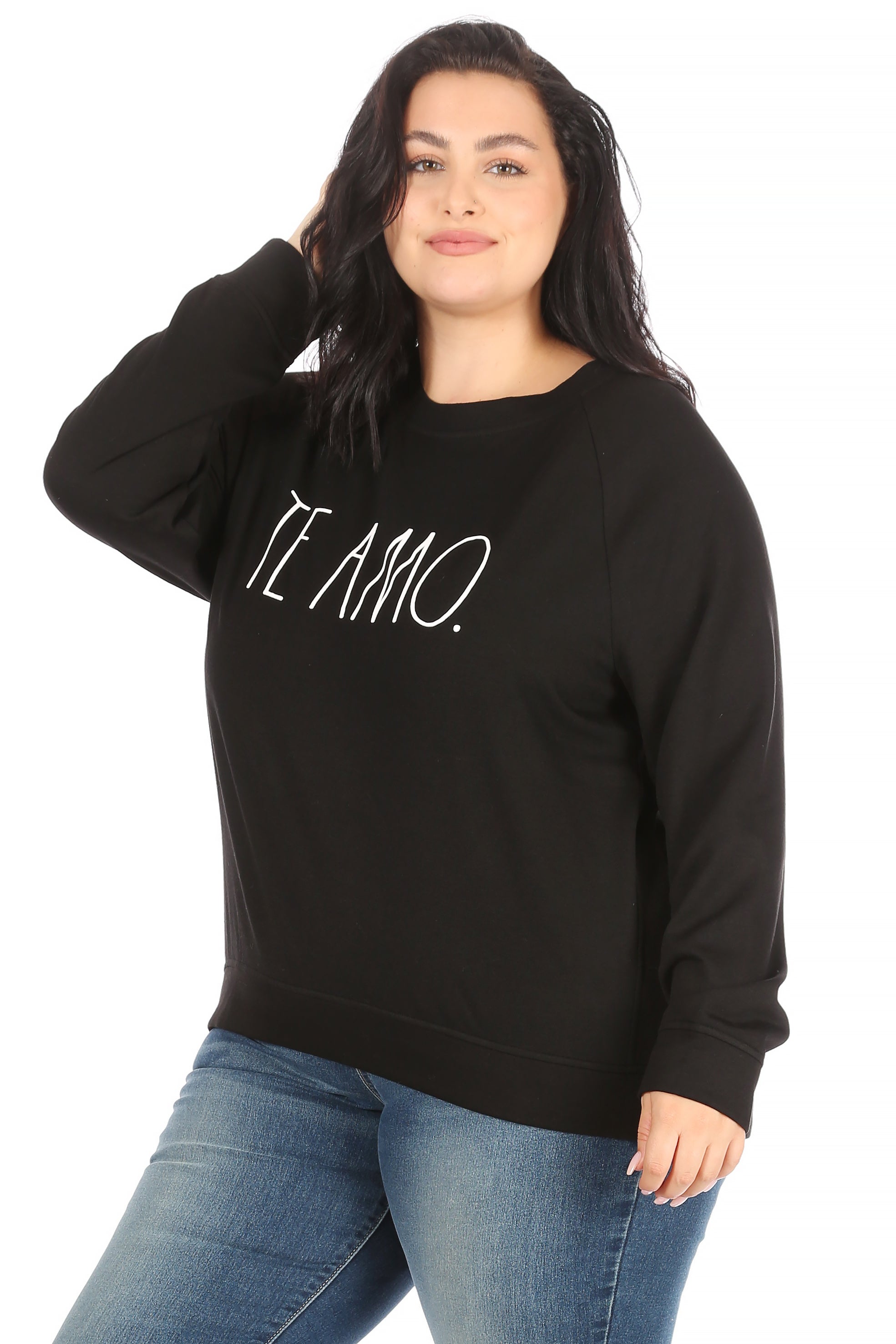 Women's "TE AMO" Plus Size Studio Raglan Pullover Sweatshirt - Rae Dunn Wear