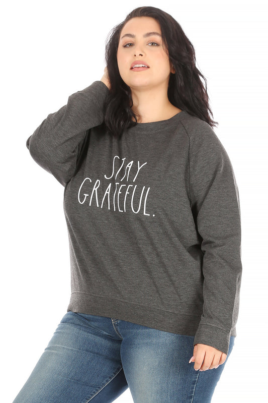Women's "STAY GRATEFUL" Plus Size Studio Raglan Pullover Sweatshirt - Rae Dunn Wear
