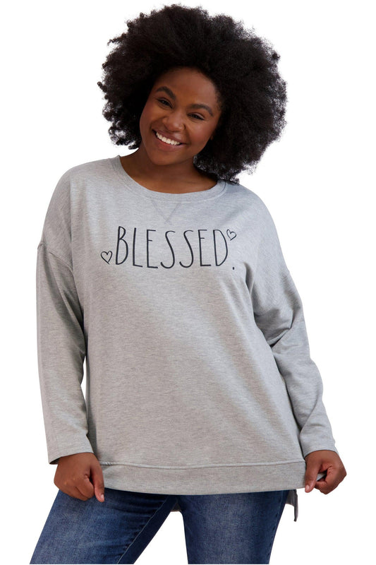 Women's Plus Size "BLESSED" HiLo Pullover Sweatshirt - Rae Dunn Wear