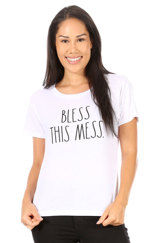 Women's "BLESS THIS MESS" Short Sleeve Shirttail Hem T-Shirt - Rae Dunn Wear