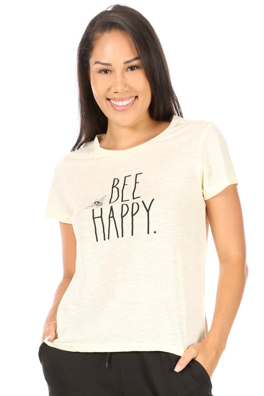 Women's "BEE HAPPY" Short Sleeve Classic Slub T-Shirt - Rae Dunn Wear