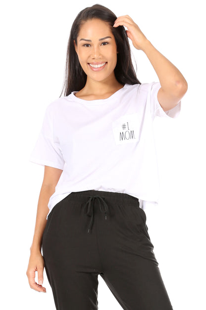 Women's "#1 MOM" Short Sleeve Boxy T-Shirt with Pocket - Rae Dunn Wear