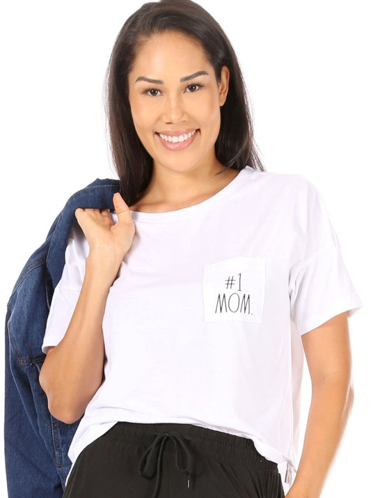 Women's "#1 MOM" Short Sleeve Boxy T-Shirt with Pocket - Rae Dunn Wear