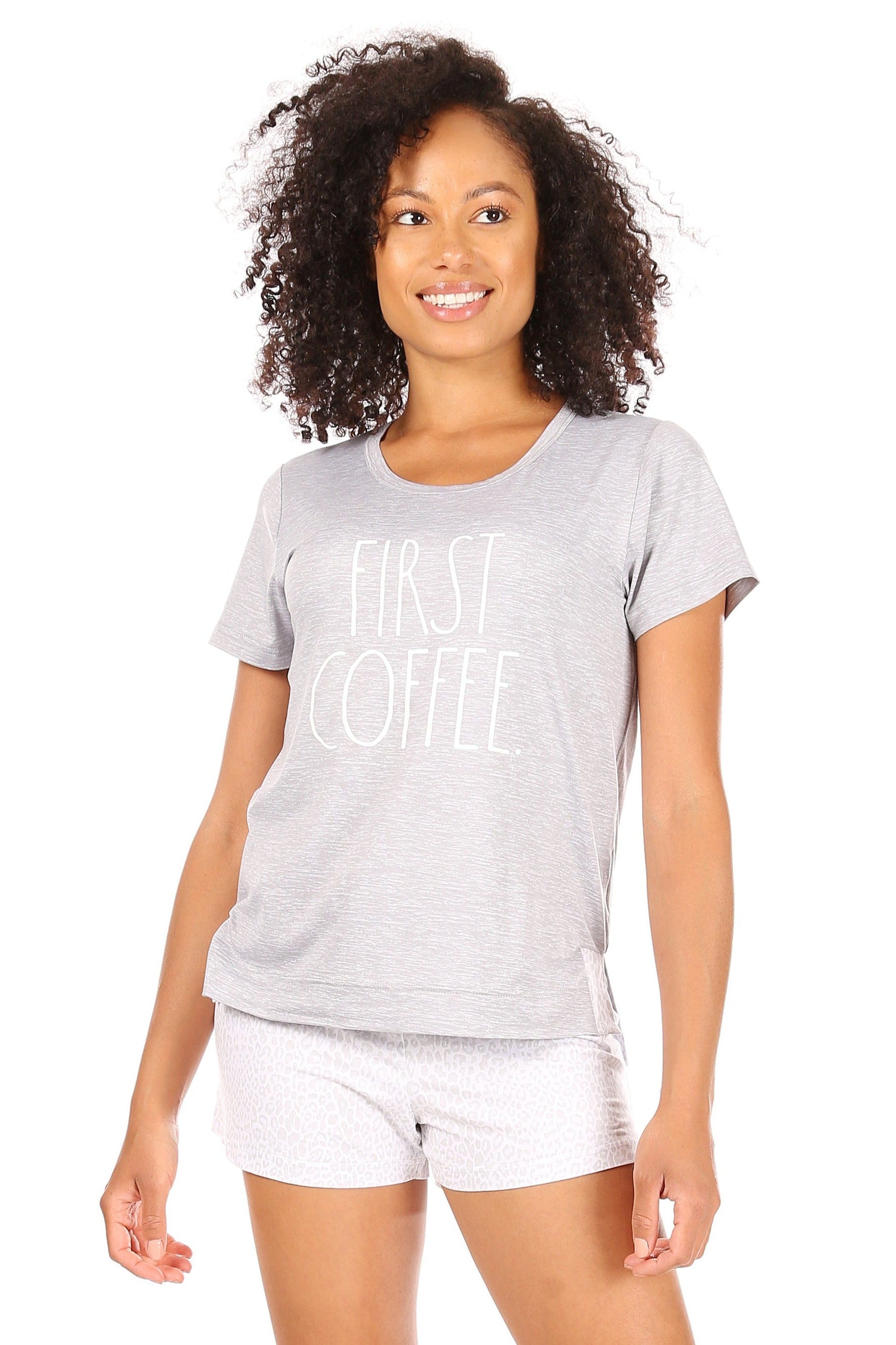 Women's "FIRST COFFEE" Short Sleeve Side Slit Top and Short Pajama Set - Rae Dunn Wear