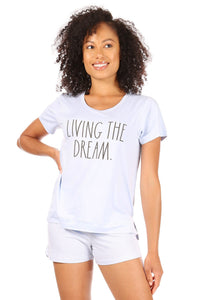 Women's "LIVING THE DREAM" Short Sleeve Side Slit Top and Short Pajama Set - Rae Dunn Wear