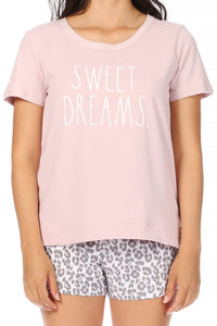 Women's "SWEET DREAMS" Short Sleeve Side Slit Tee and Drawstring Shorts Pajama Set - Rae Dunn Wear